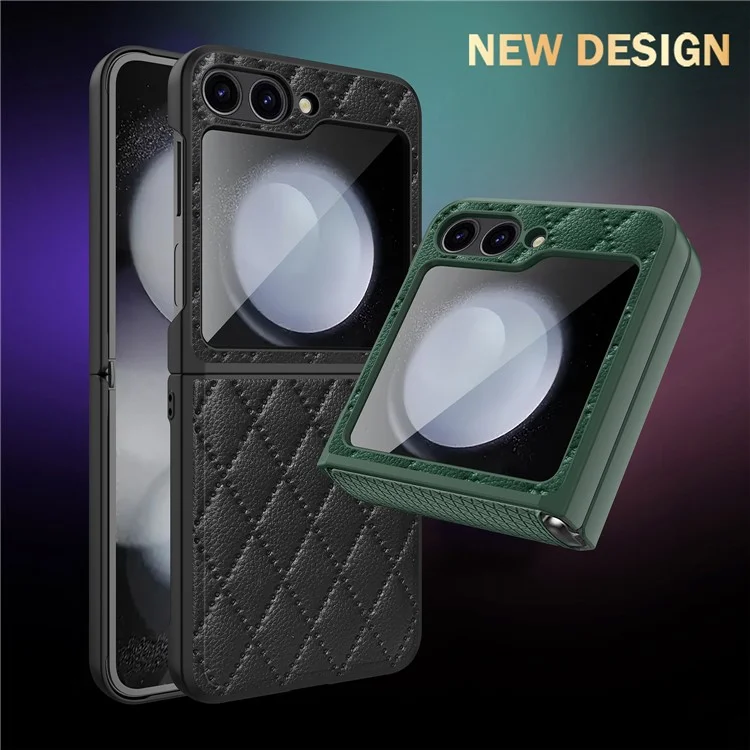 Per Samsung Galaxy Z Flip6 5G Case Rhombus Imprint Pu+coperchio Pic Hard PC Con Schermo / Film Lente - Nero