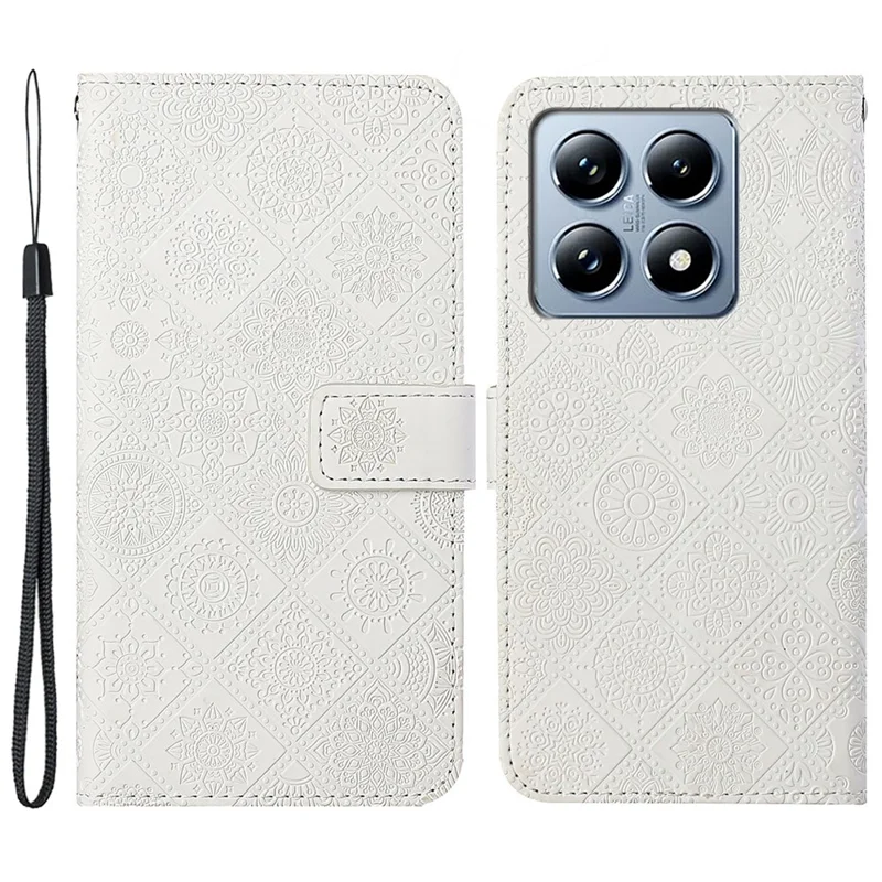 For Xiaomi 14T Pro Case Leather Case Ethnic Style Phone Wallet Cover with Strap - White