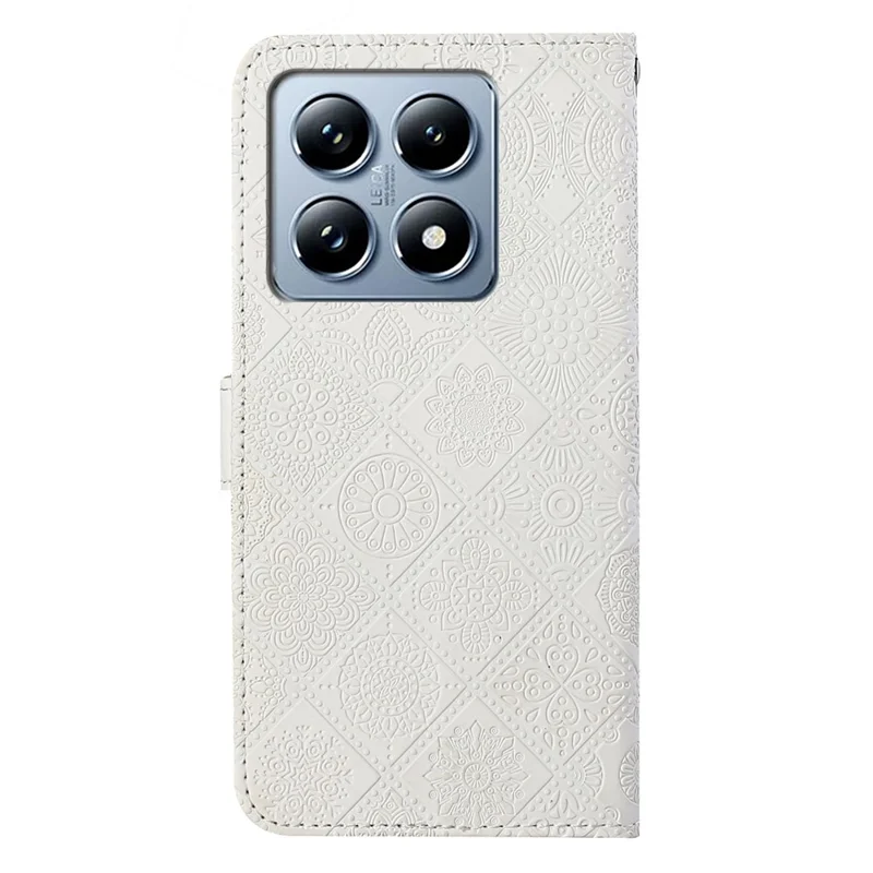 For Xiaomi 14T Pro Case Leather Case Ethnic Style Phone Wallet Cover with Strap - White
