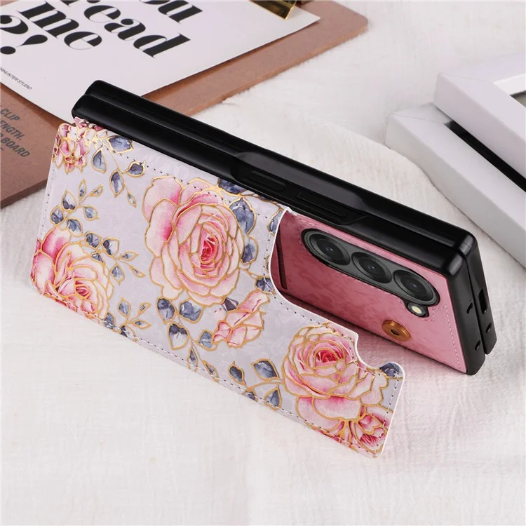 Für Samsung Galaxy Z Fold6 5G Hülle Blumenleder+pc RFID Blocking Phone Cover Card Slots - Rose