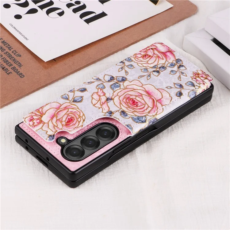 Für Samsung Galaxy Z Fold6 5G Hülle Blumenleder+pc RFID Blocking Phone Cover Card Slots - Rose