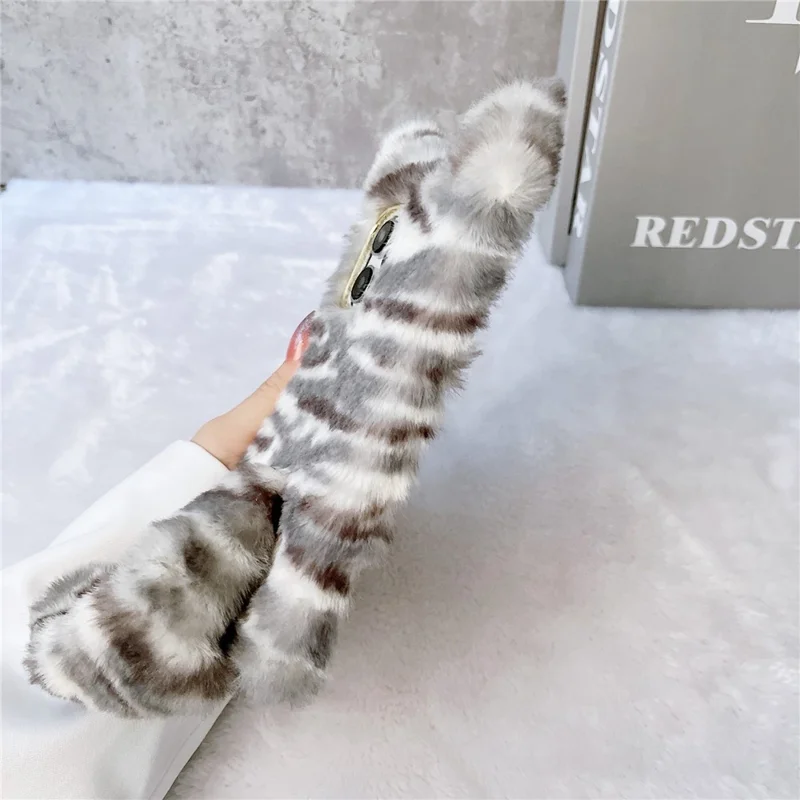 For iPhone 15 Pro Max Case Cute Tiger Pattern Furry TPU Warm Phone Cover - Tan