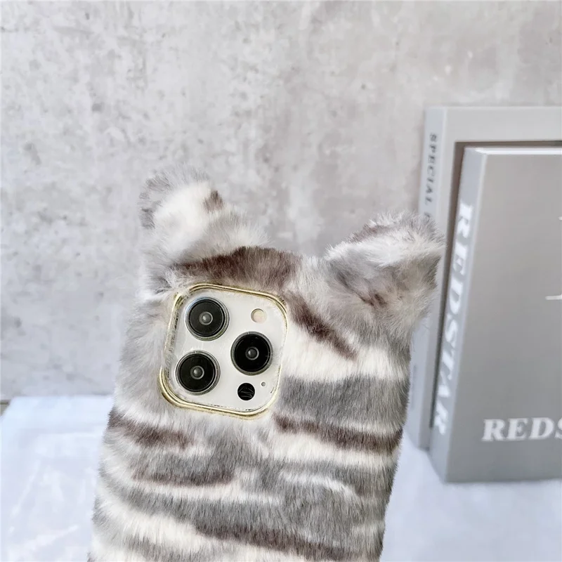 For iPhone 15 Pro Max Case Cute Tiger Pattern Furry TPU Warm Phone Cover - Tan