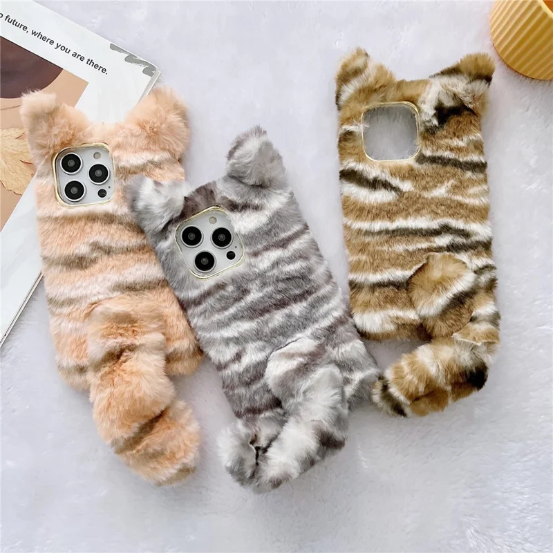 For iPhone 15 Pro Max Case Cute Tiger Pattern Furry TPU Warm Phone Cover - Tan