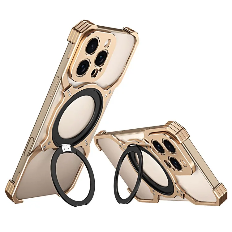 For iPhone 16 Pro Kickstand Case Metal Bumper Magnetic Phone Cover - Gold / Silver