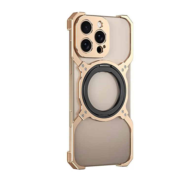 For iPhone 16 Pro Kickstand Case Metal Bumper Magnetic Phone Cover - Gold / Silver