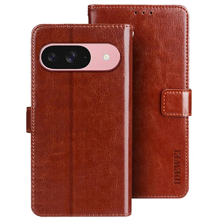 Idewei Para Google Pixel 9 / 9 Pro Stand Case Crazy Horse Texture Cuero Cover Phone - Marrón
