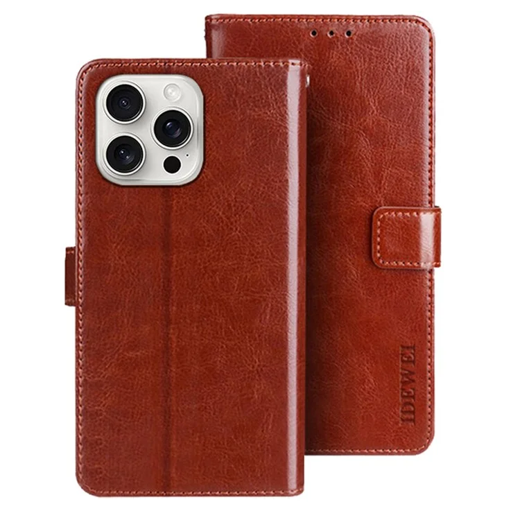 IDEWEI For iPhone 16 Pro Max Stand Case Crazy Horse Texture Leather Phone Cover - Brown