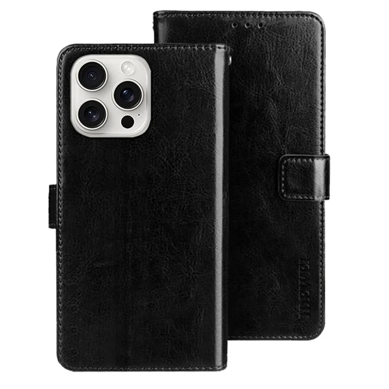 IDEWEI For iPhone 16 Pro Stand Case Crazy Horse Texture Leather Phone Cover - Black