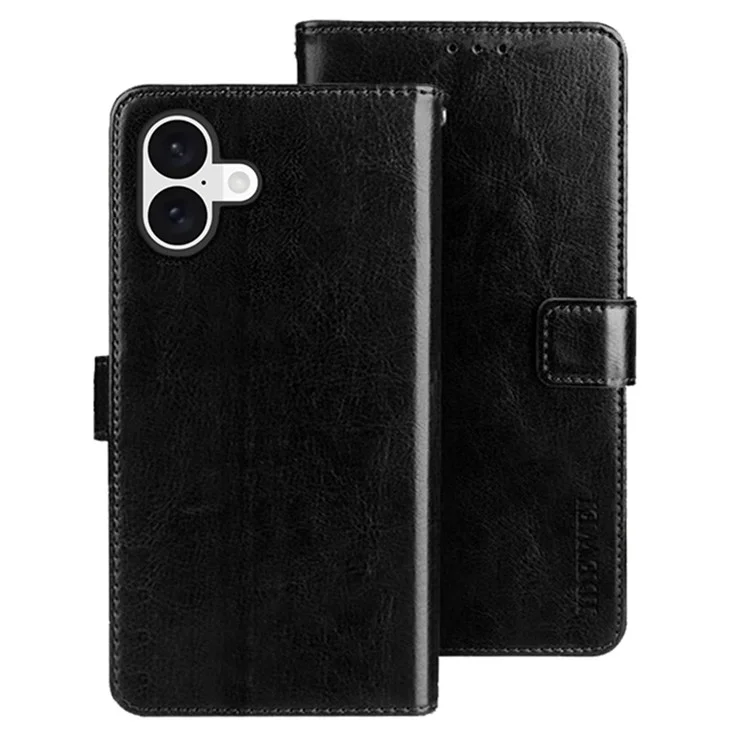 IDEWEI For iPhone 16 Stand Case Crazy Horse Texture Leather Phone Cover - Black