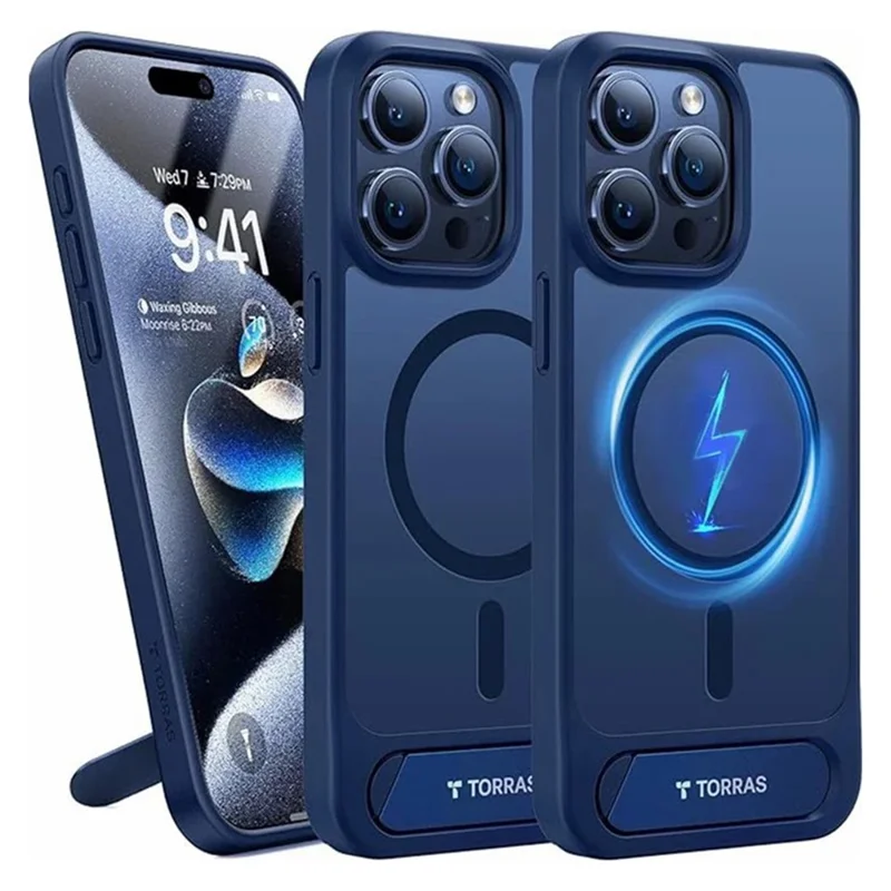 TORRAS For iPhone 15 Pro Max Case Kickstand TPU+PC Phone Cover Compatible with MagSafe - Navy Blue