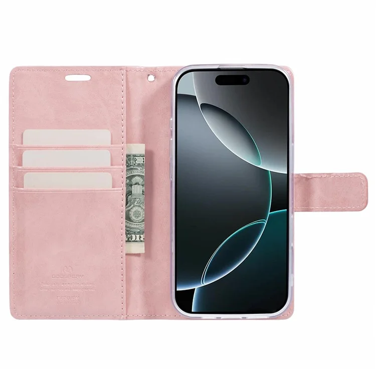 MERCURY GOOSPERY Blue Moon For iPhone 16 Case Stand Full Protection Leather Phone Cover - Pink