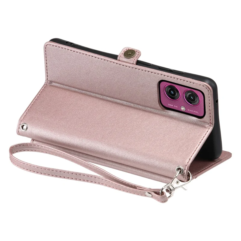 For Motorola Moto G55 5G Leather Case Wallet Stand Phone Cover with Straps - Rose Gold