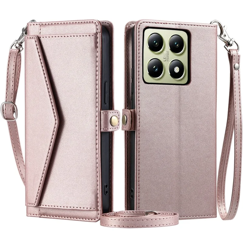 For Xiaomi 14T Leather Case Wallet Stand Phone Cover with Straps - Rose Gold