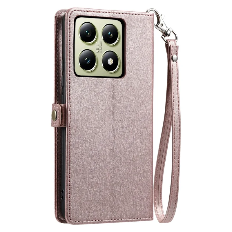 For Xiaomi 14T Leather Case Wallet Stand Phone Cover with Straps - Rose Gold