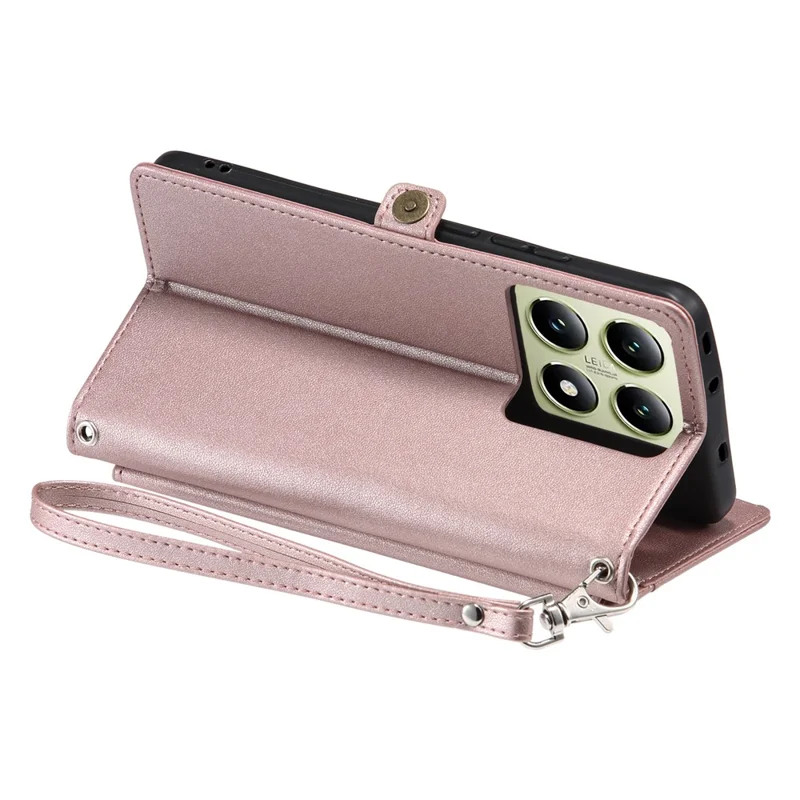 For Xiaomi 14T Leather Case Wallet Stand Phone Cover with Straps - Rose Gold