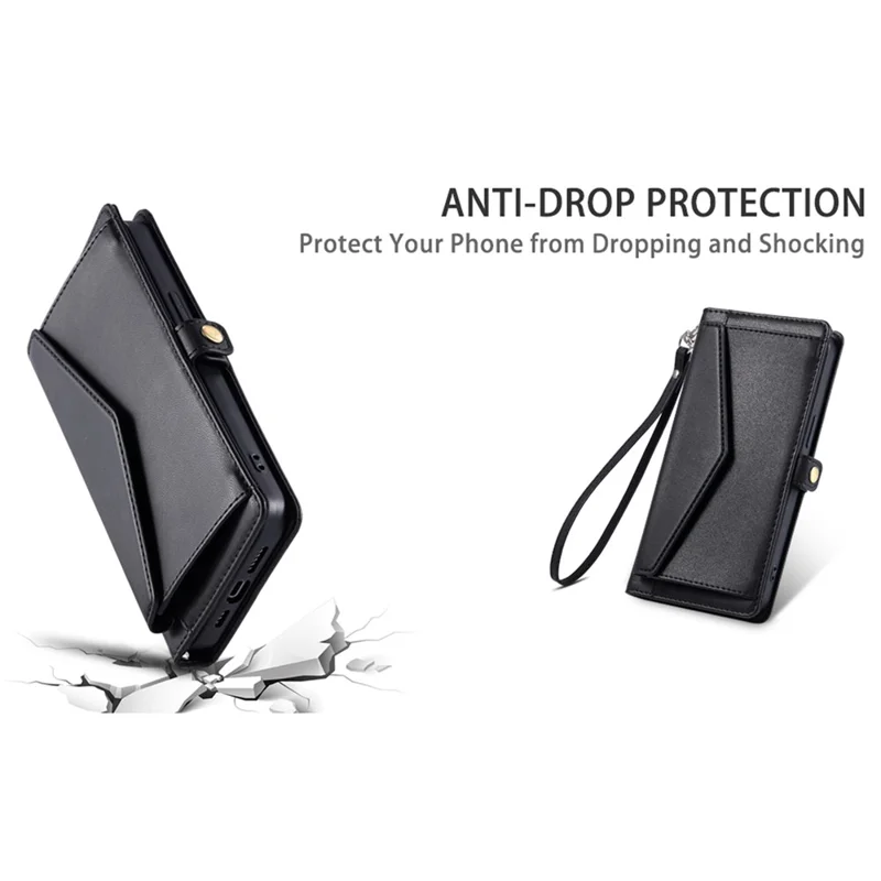 For Xiaomi 14T Leather Case Wallet Stand Phone Cover with Straps - Black