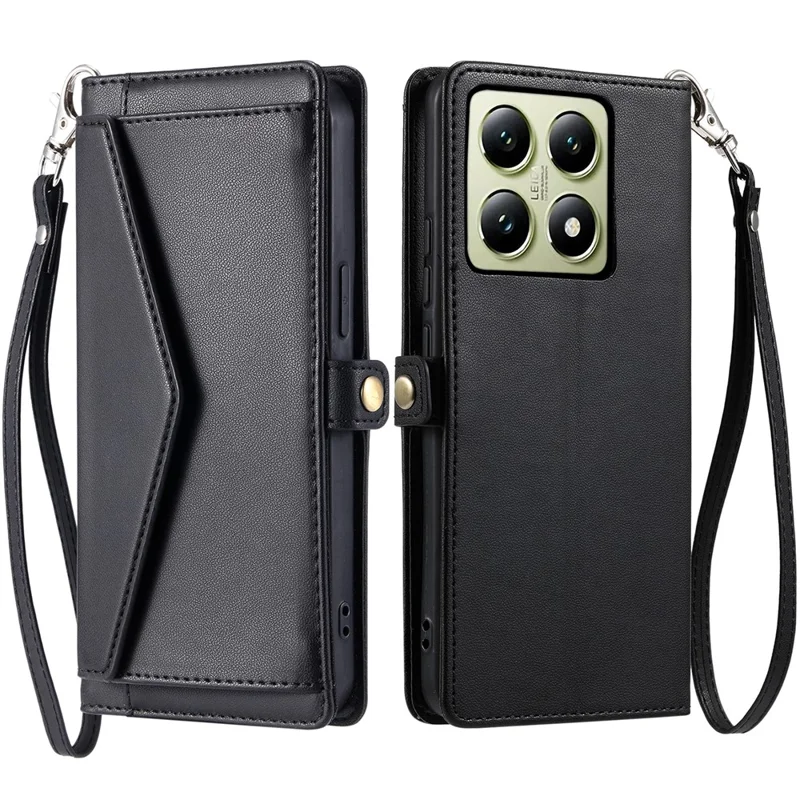 For Xiaomi 14T Leather Case Wallet Stand Phone Cover with Straps - Black