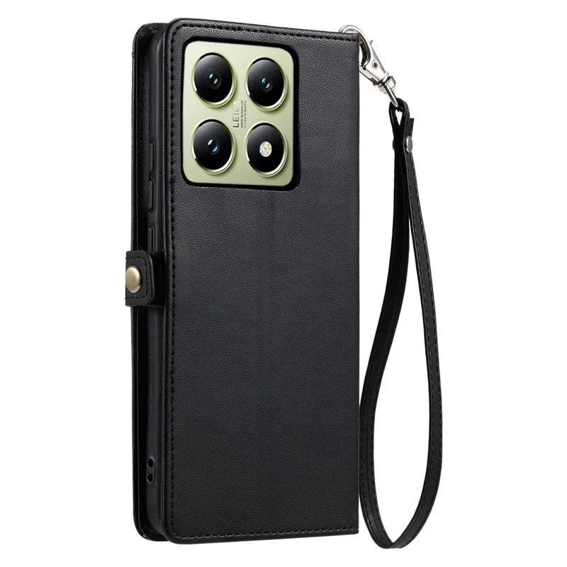 For Xiaomi 14T Leather Case Wallet Stand Phone Cover with Straps - Black