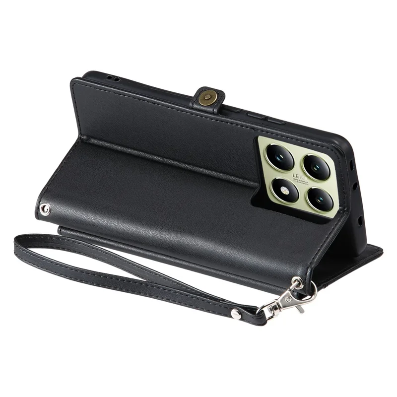 For Xiaomi 14T Leather Case Wallet Stand Phone Cover with Straps - Black