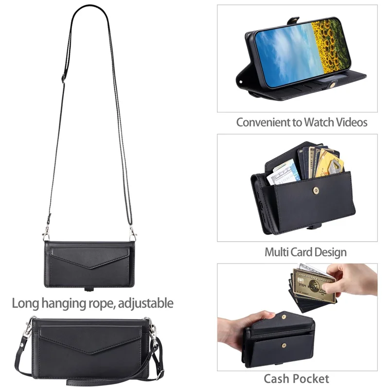 For Xiaomi 14T Leather Case Wallet Stand Phone Cover with Straps - Black
