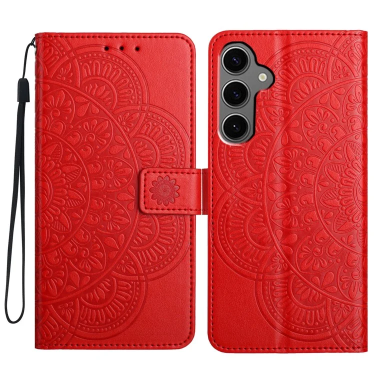 Para Samsung Galaxy S25 Case de Cuero Con Ranuras Para Tarjetas Mandala Pattern Phone Cover Supar - Rojo