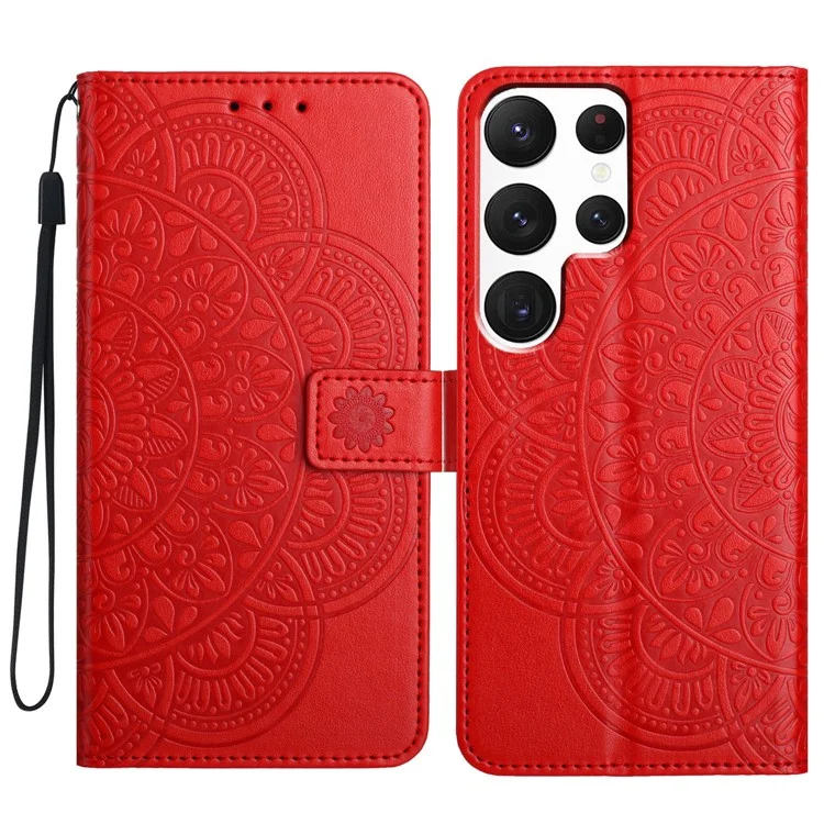 Para Samsung Galaxy S25 Ultra Leather Case Con Ranuras Para Tarjetas Mandala Patrón de Portada de la Cubierta Del Teléfono - Rojo