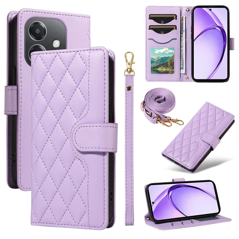 For Oppo A5x 5G / A3x 4G / 5G (India) / A3 4G / 5G / A60 5G / A40 4G / A40M 4G Case Wallet Rhombus Leather Phone Cover with Straps - Light Purple