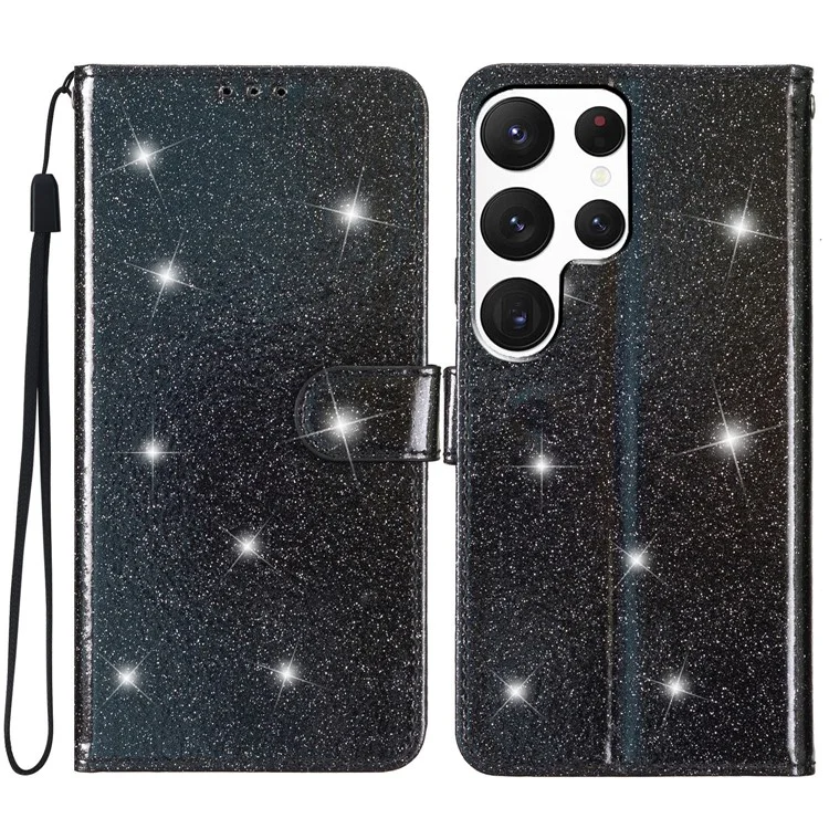 Para Samsung Galaxy S25 Ultra Wallet Case Glitter Anti-rratch Leather Tone Top Stand - Preto
