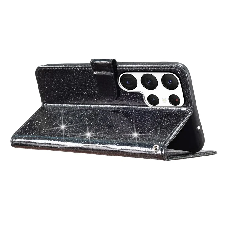 Para Samsung Galaxy S25 Ultra Wallet Case Glitter Anti-rratch Leather Tone Top Stand - Preto