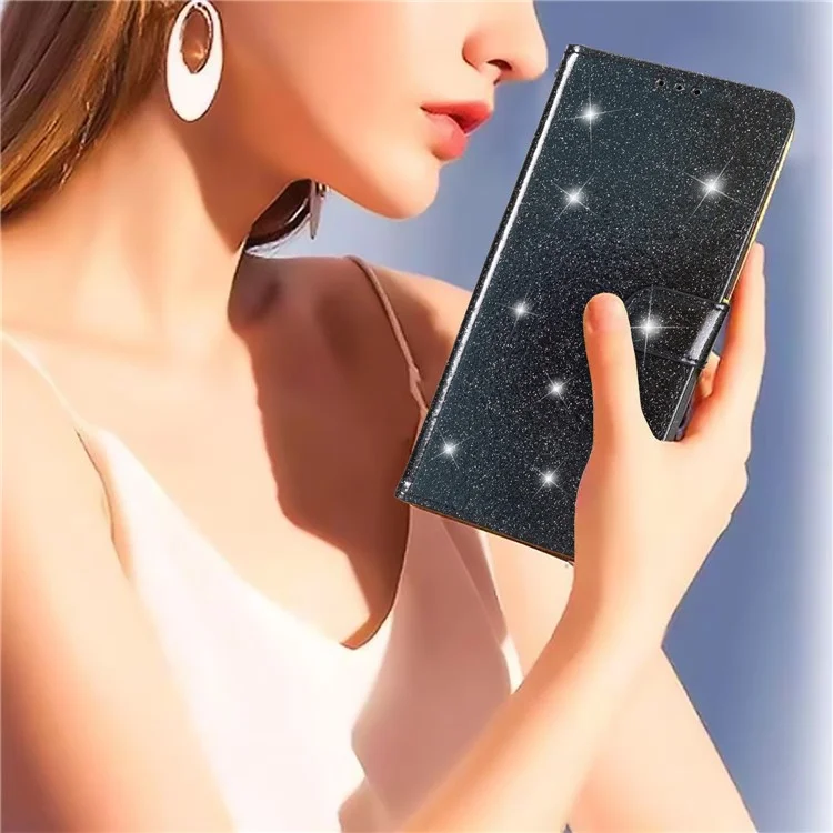 Para Samsung Galaxy S25 Ultra Wallet Case Glitter Anti-rratch Leather Tone Top Stand - Preto