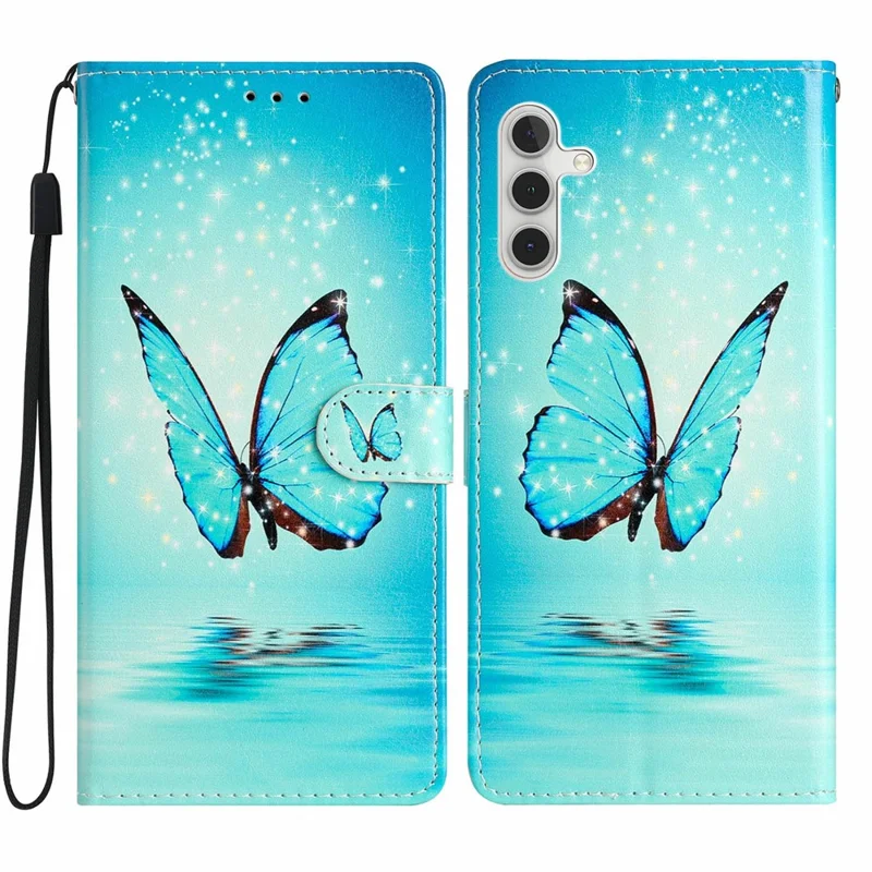 For Samsung Galaxy S25 Wallet Case PU Leather Pattern Printing Stand Phone Cover with Strap - Blue Butterfly