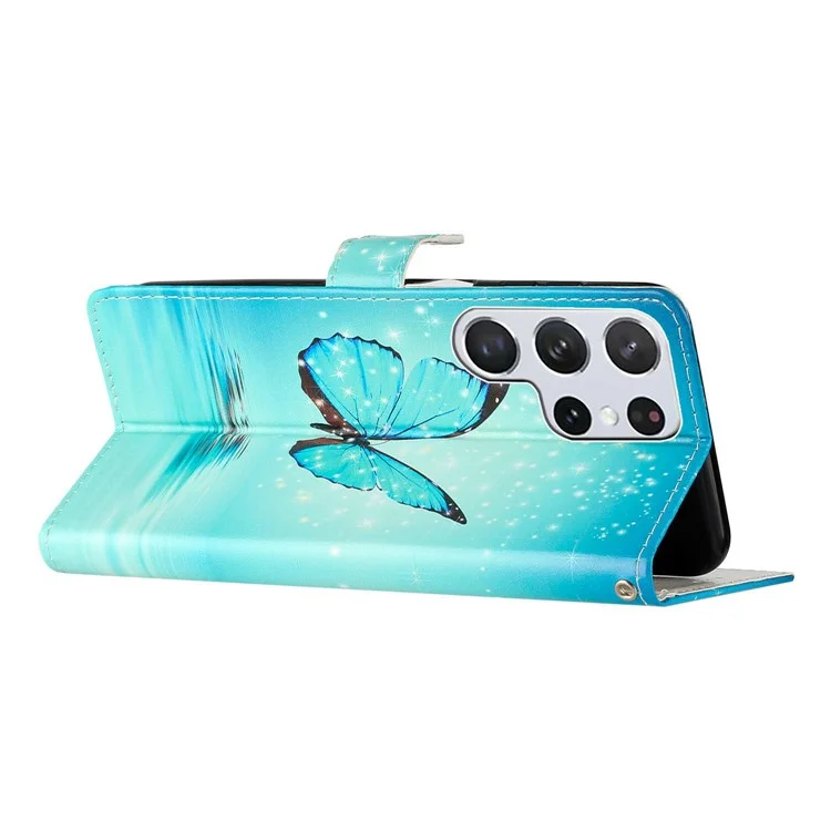 For Samsung Galaxy S25 Ultra Wallet Case PU Leather Pattern Printing Stand Phone Cover with Strap - Blue Butterfly