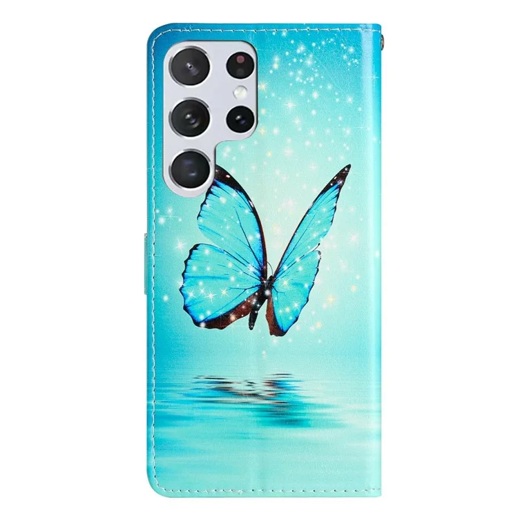 For Samsung Galaxy S25 Ultra Wallet Case PU Leather Pattern Printing Stand Phone Cover with Strap - Blue Butterfly