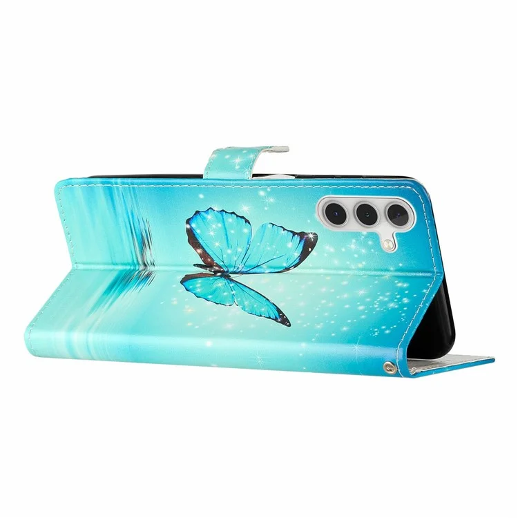 For Samsung Galaxy S25+ Wallet Case PU Leather Pattern Printing Stand Phone Cover with Strap - Blue Butterfly