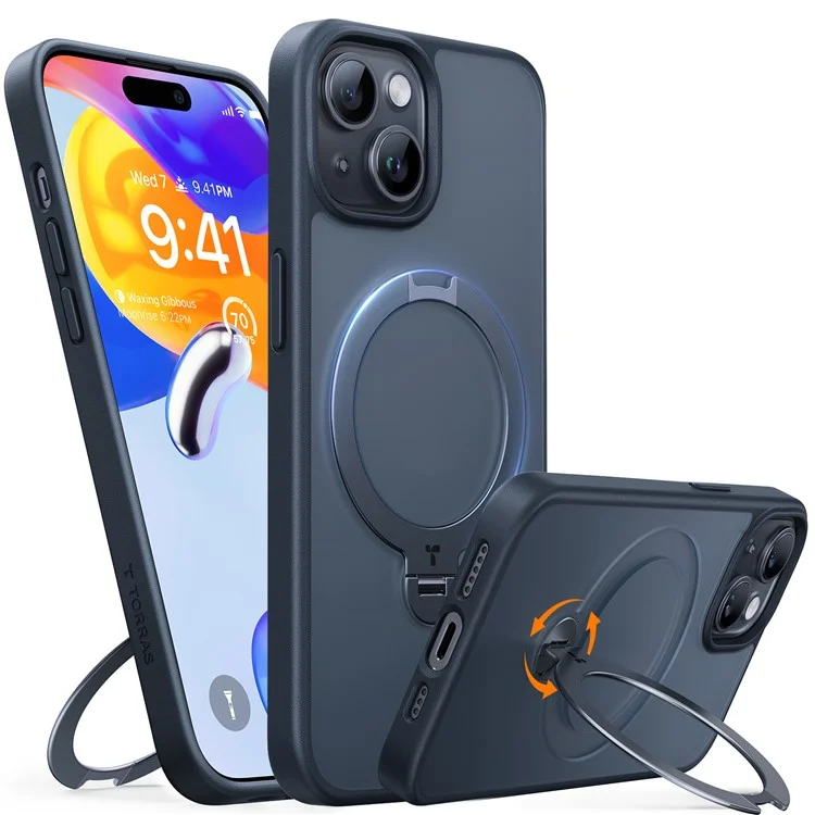 TORRAS Para Caso do iPhone 15 Suporte Magnético Rotativo PC+TPU Capa Protetora - Preto