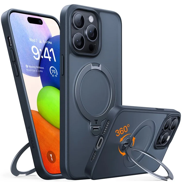 Torras Pour L'iphone 15 Pro Case Compatible Avec Magsafe Rotation Kickstand pc + Tpu Couverture de Protection Tpu - Noir