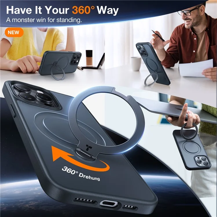 Torras Für Iphone 15 Pro Max Hülle Magnetische Rotationskickständer PC+TPU -schutzabdeckung - Schwarz
