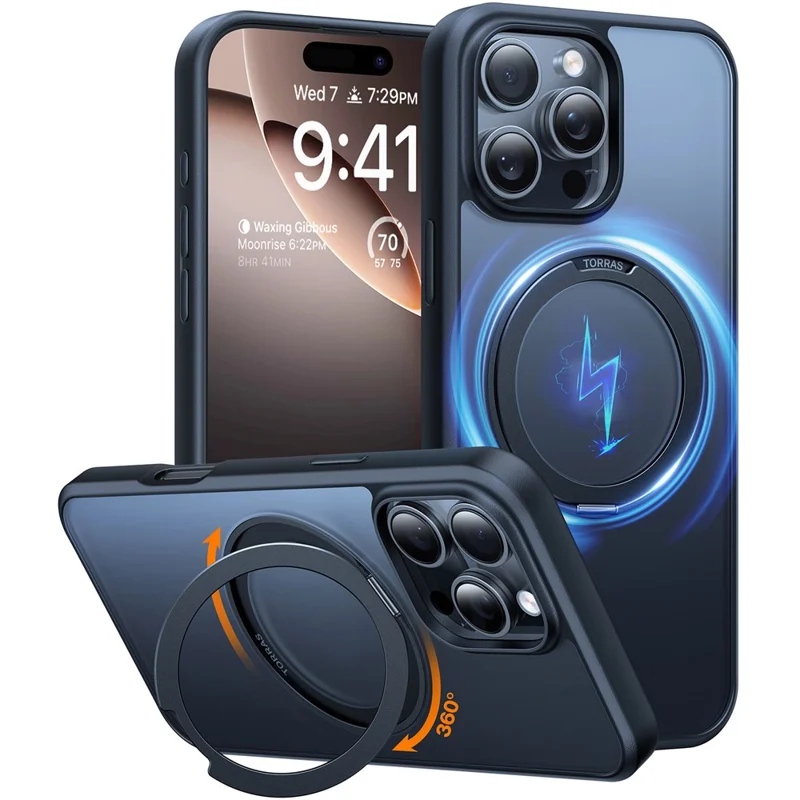 Torras Para Iphone 15 Pro Max Case Compatible Con Magsafe Giratoria Kickstand PC+TPU Tepleo Cubierta - Negro