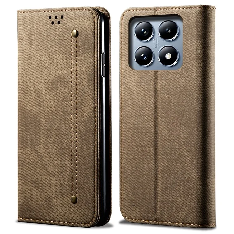 For Xiaomi 14T Pro Case Jeans Cloth Texture Anti-Scratch Leather Stand Phone Cover - Khaki