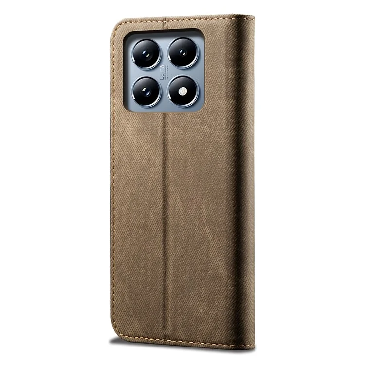 For Xiaomi 14T Pro Case Jeans Cloth Texture Anti-Scratch Leather Stand Phone Cover - Khaki