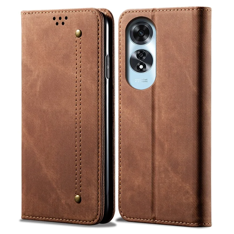 Para o caso Oppo A60 4G Jeans Cloth Texture Anti-Scratch Leather Stand Phone Cover - Coffee