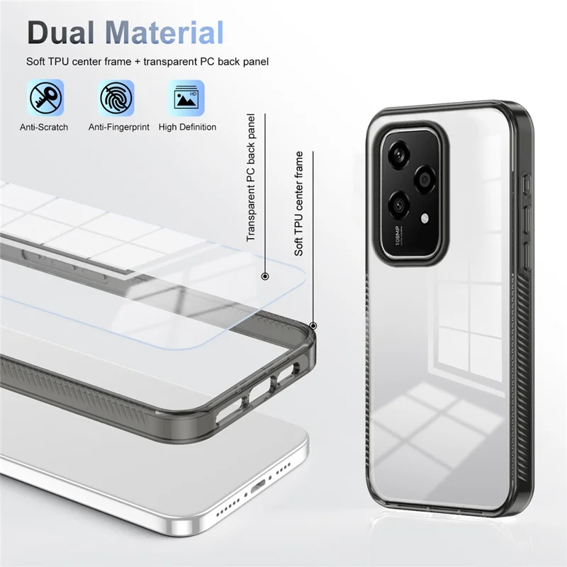 For Honor 200 Lite Clear Phone Case TPU+PC Anti-Slip Drop-Proof Back Cover - Black