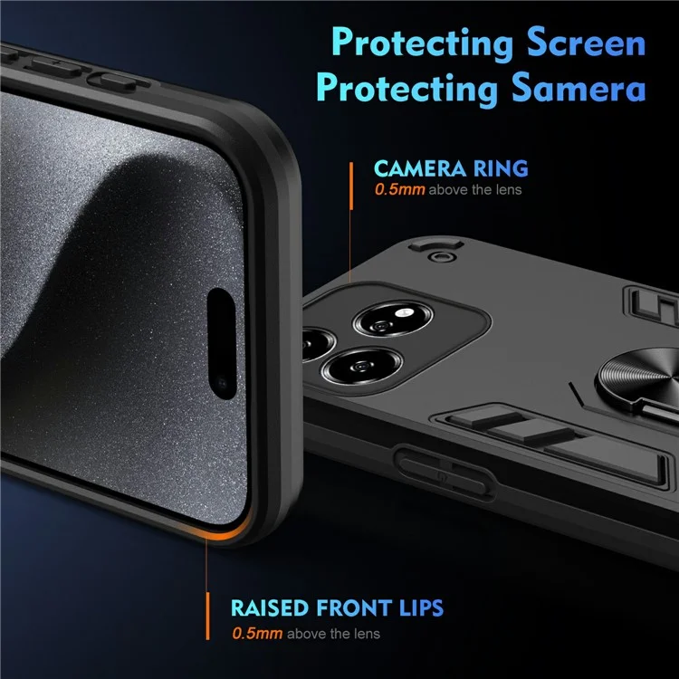 For ZTE Axon 60 Lite Case PC+TPU Drop Defend Phone Cover with Ring Kickstand - Black