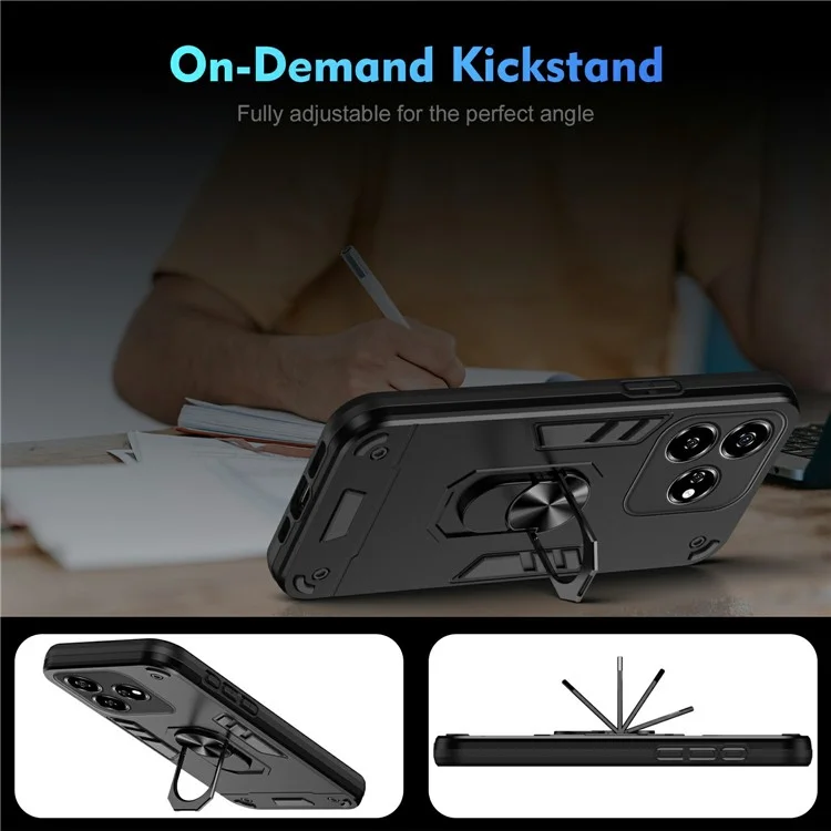 For ZTE Axon 60 Lite Case PC+TPU Drop Defend Phone Cover with Ring Kickstand - Black
