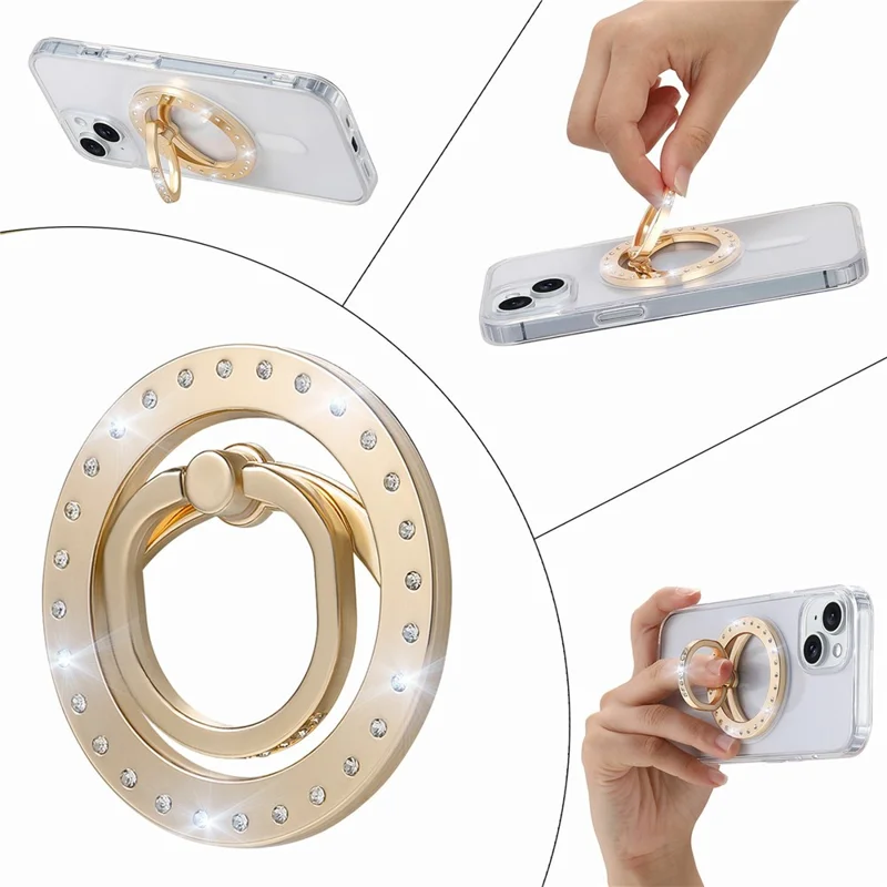 MS-02 Magnetic Phone Ring Holder 360-Degree Rotating Finger Grip Kickstand Rhinestone Decor - Gold