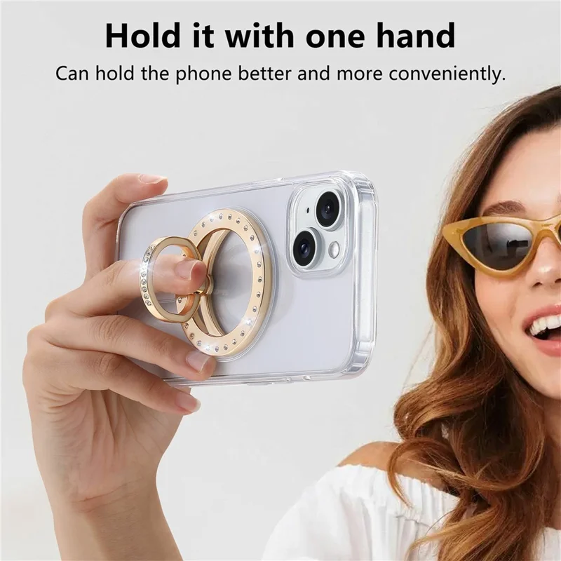 MS-02 Magnetic Phone Ring Holder 360-Degree Rotating Finger Grip Kickstand Rhinestone Decor - Gold