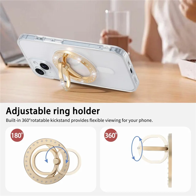 MS-02 Magnetic Phone Ring Holder 360-Degree Rotating Finger Grip Kickstand Rhinestone Decor - Gold