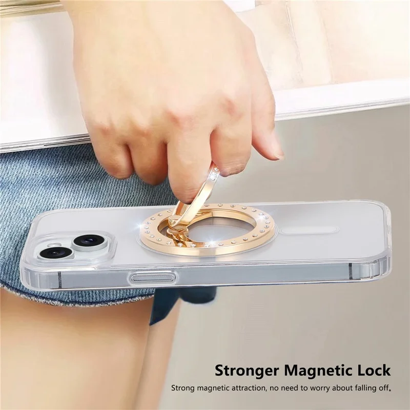 MS-02 Magnetic Phone Ring Holder 360-Degree Rotating Finger Grip Kickstand Rhinestone Decor - Gold