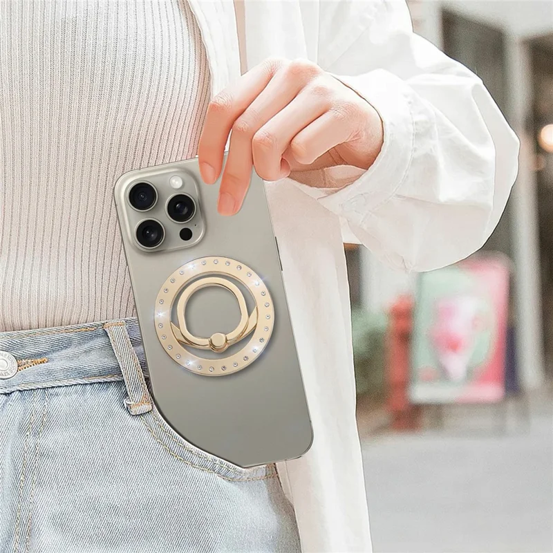 MS-02 Magnetic Phone Ring Holder 360-Degree Rotating Finger Grip Kickstand Rhinestone Decor - Gold